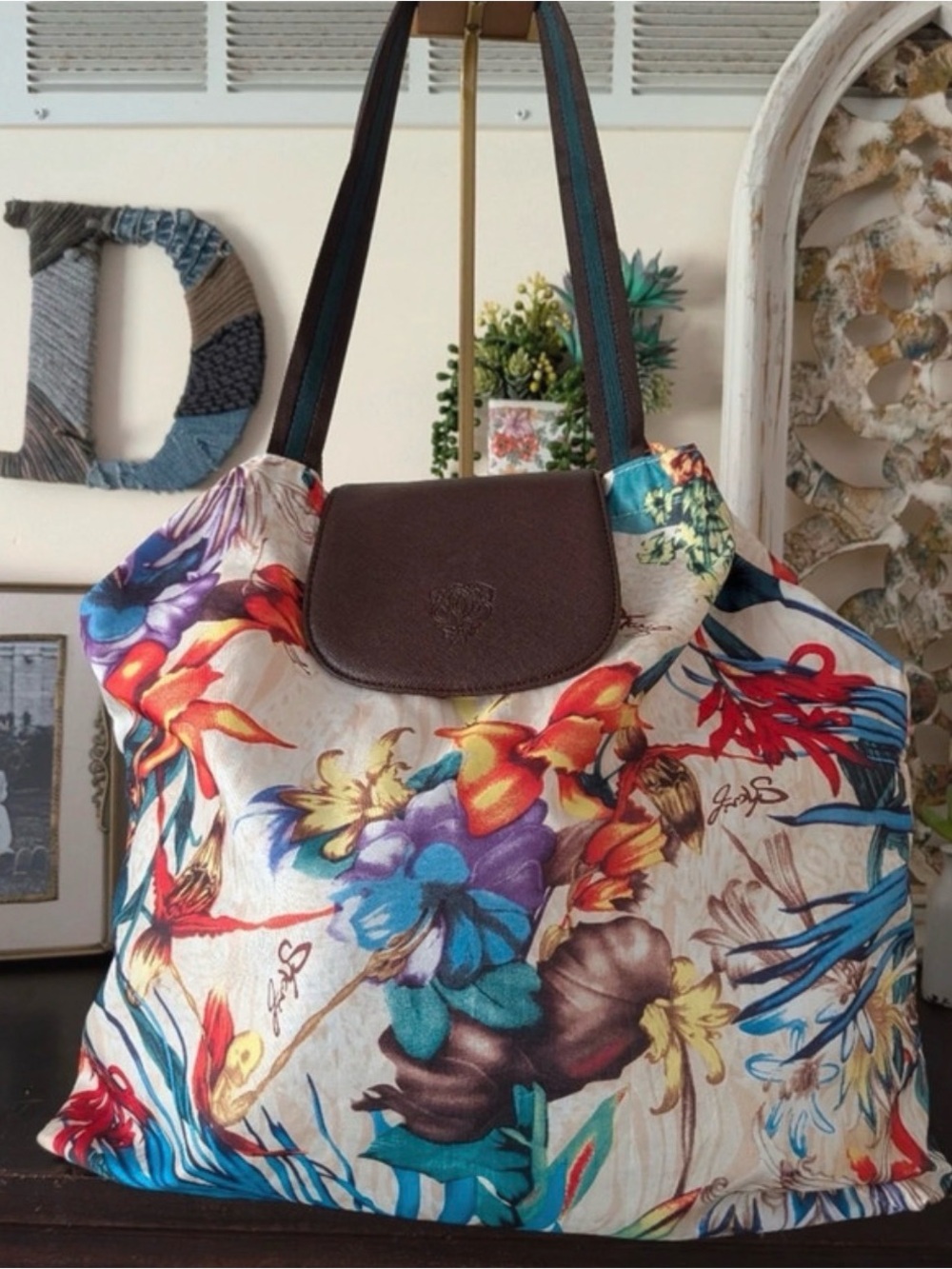 Sharif Floral Multi-Color nylon Tote Bag with Brown Trim - Women Bags